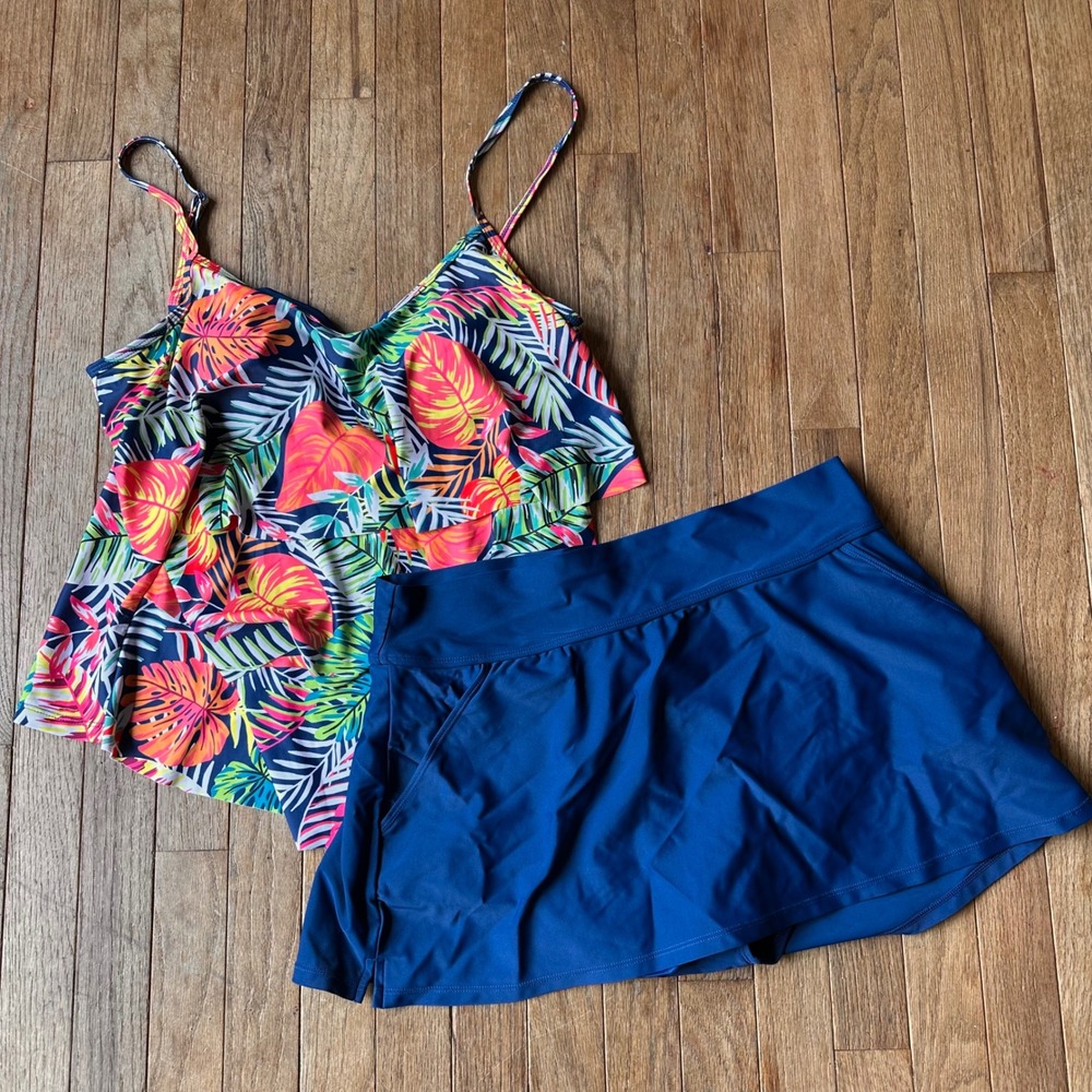 Caribbean Joe Tankini Swimsuit Size 14 Tropical Floral Tiered Skirted Blue